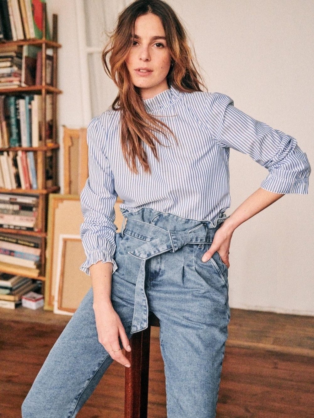 Sezane Paperbag Waist Cropped Jeans in Light Blue Denim